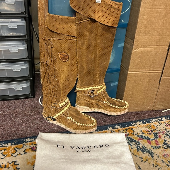El Vaquero 80s Brown Suede Fringe  Boots size 36 Pull on Knee High - Picture 2 of 9